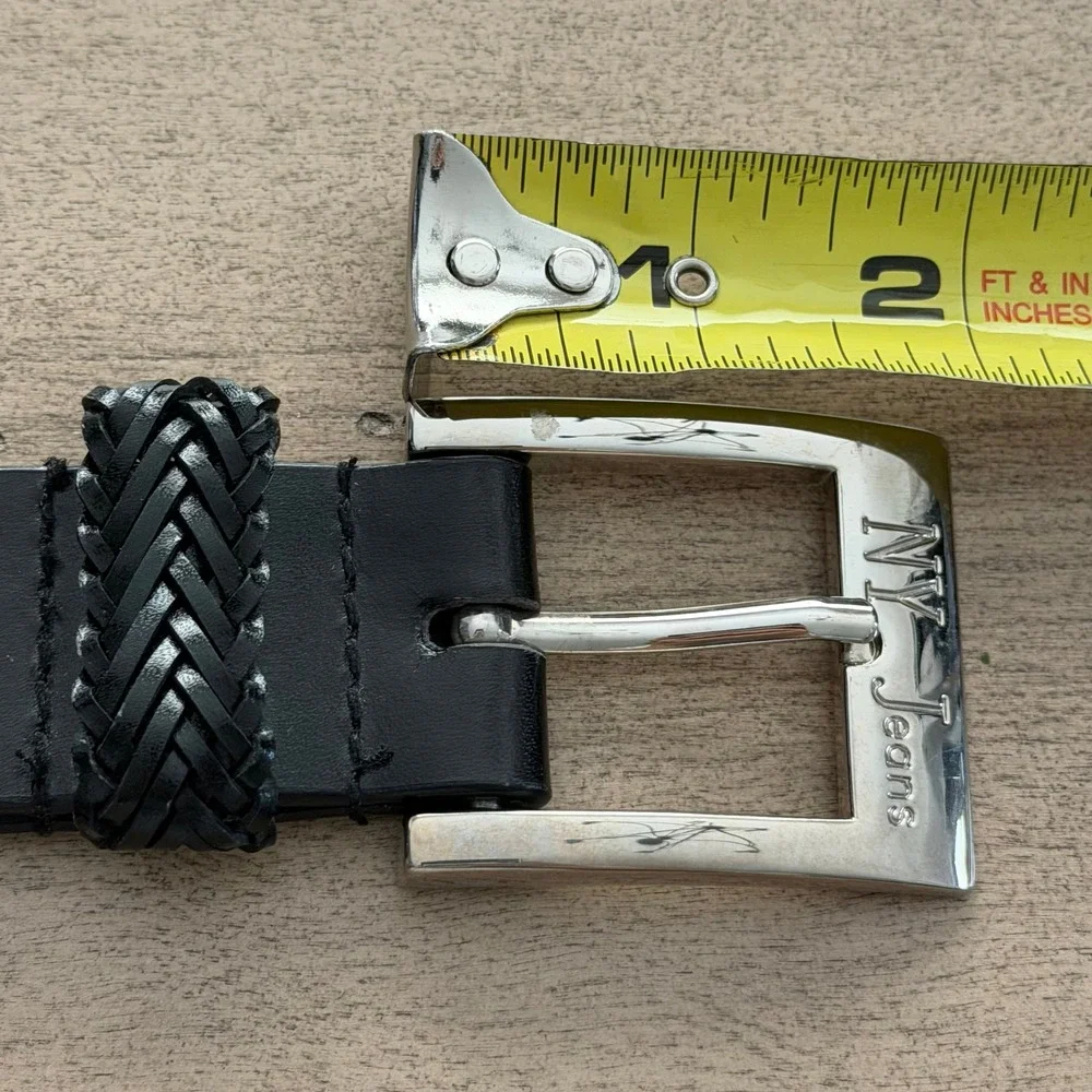 NY Jeans Womens Black Genuine Leather Belt Silver Buckle Braided Keeper Size L